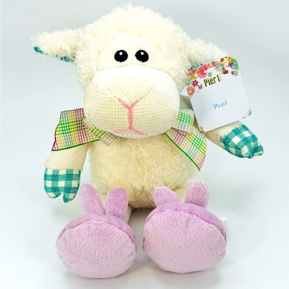Pier 1 Imports Lamb Sheep Pearl Plush W/Purple Bunny Slippers 10" Easter Spring